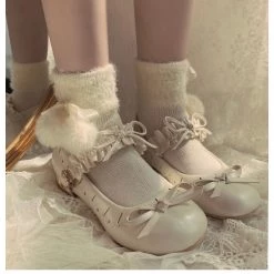 Peiliee Shop [3 Pairs Set] Neutral Christmas Faux Fur Pom Pom Socks New Arrivals
