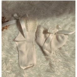 Peiliee Shop [3 Pairs Set] Neutral Christmas Faux Fur Pom Pom Socks New Arrivals