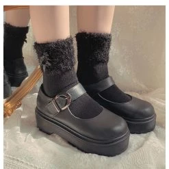 Peiliee Shop [3 Pairs Set] Neutral Christmas Faux Fur Pom Pom Socks New Arrivals