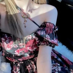 Dark Rose Floral Mini Dress Designer Arilf Summer 2022