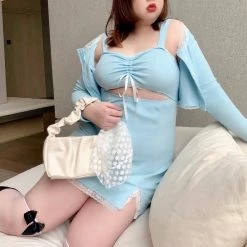 Lan Studio [Curve Beauty] Baby Blue Bodycon Dress Set