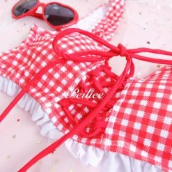 Japanese Lingerie Genki Strawberry Gingham Bikini Set High Waist