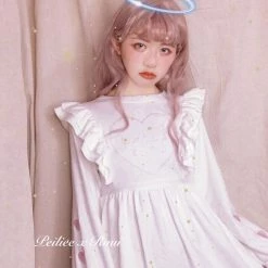 Peiliee Shop [Raui Design] Cotton Candy Met Peach Mousse Long Sleeve Babydoll Dress